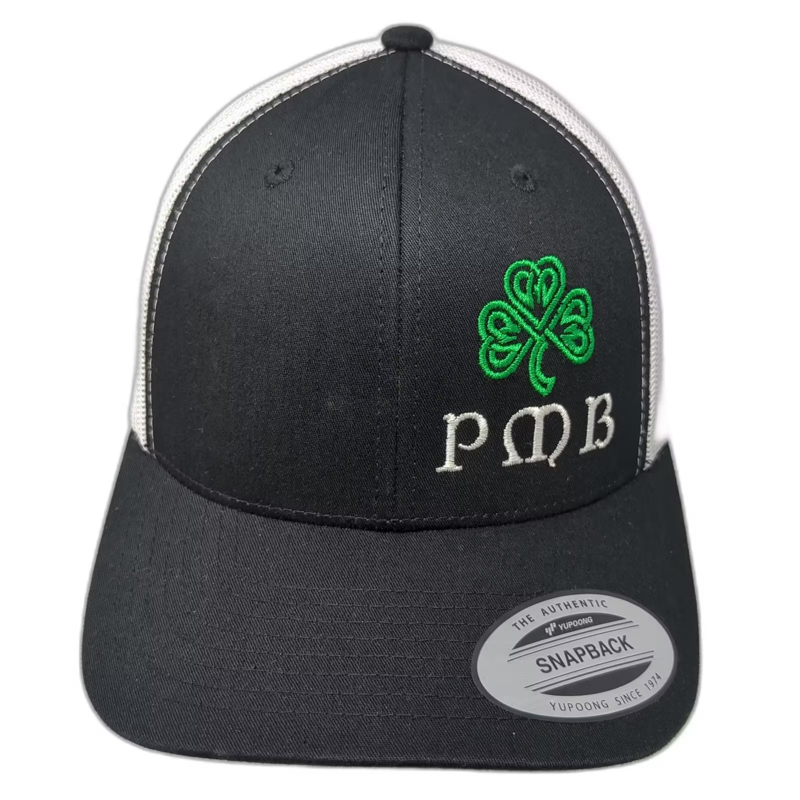 Yupoong Trucker Hat Black White One Size Snapback Shamrock Pmb Embroidered Hat
